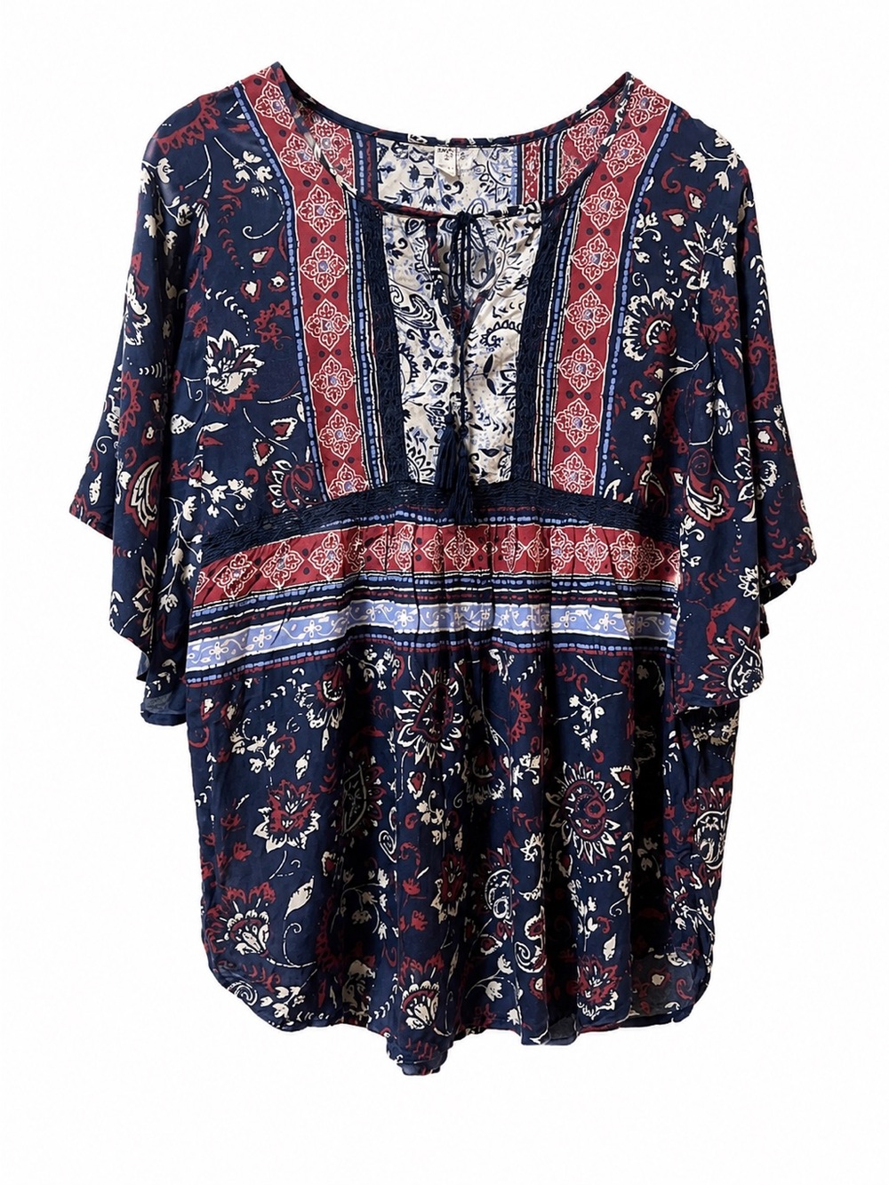 Navy Floral Boho Peasant Blouse with Red Accents